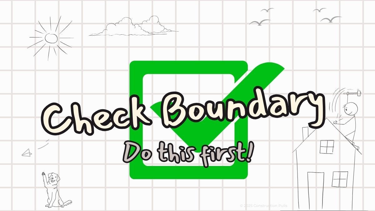 Green checkmark on blueprint grid with text 'Check Boundary - Do this first!' and construction sketches including Inspector Milo
