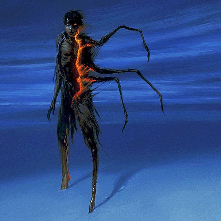 LEFT: Detail of THE DARK TOWER: MORDRED featuring a man caught mid-transformation changing into a spider. A crackle of orange energy divides human from spider. Against the cool blowing winds of the frozen landscape and drifting snow of the foreground, the warm shock of color sizzles. RIGHT: Close detail of THE DARK TOWER: MORDRED featuring Mordred taking a step forward mid-transformation as he morphs into a spider. A crackle of orange energy radiates up the right half which has already taken the form of grotesque, spindly limbs. His eye glows orange and his mouth is stretched open in a downturned arch. The raised heel of his human foot casts the same shadow as his spider leg.