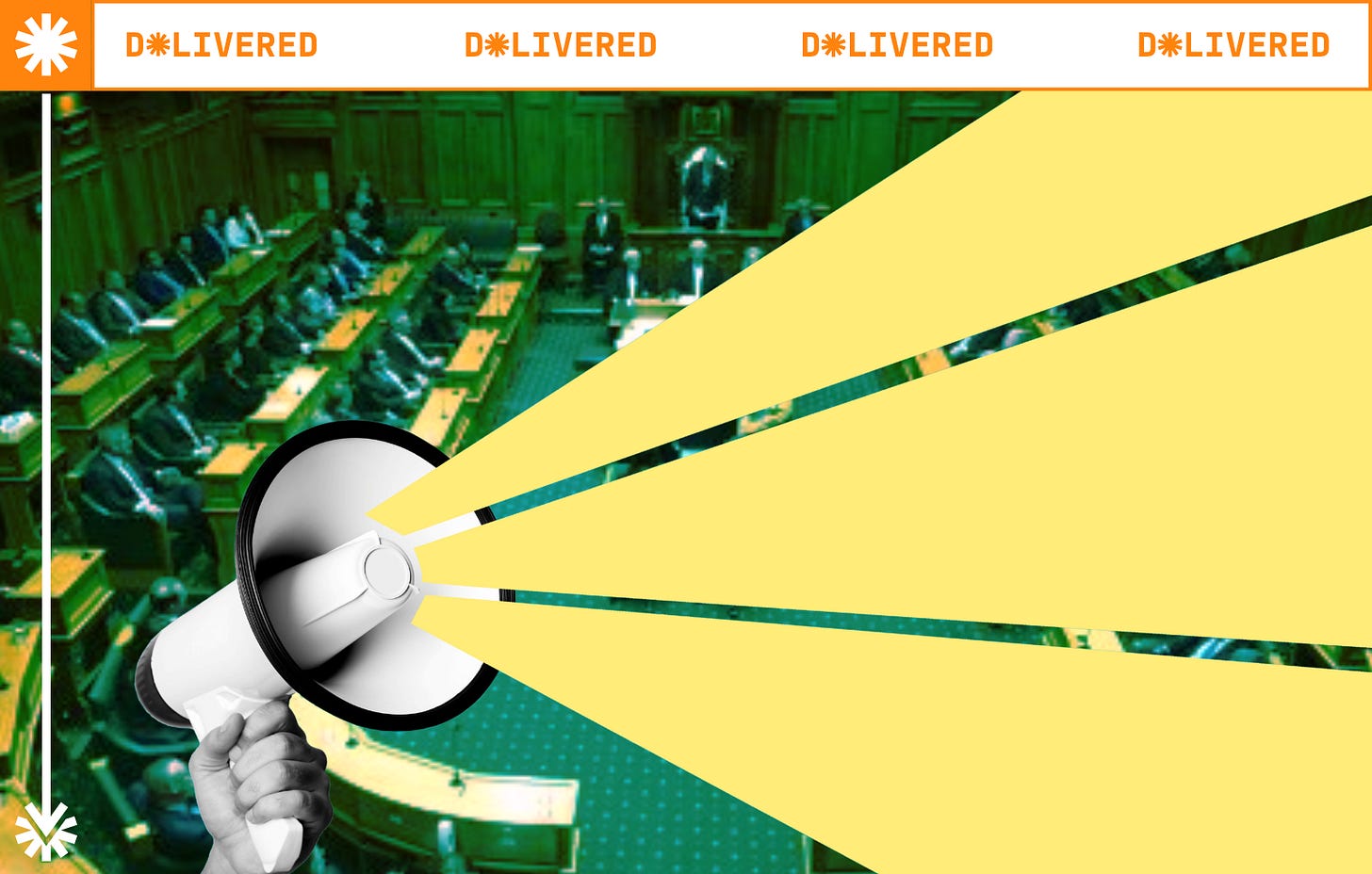 A grayscale hand holding a megaphone with yellow rays blasting from it. In the background is a stylised image of the Parliament debating chamber A grayscale hand holding a megaphone with yellow rays blasting from it. In the background is a stylised image of the Parliament debating chamber