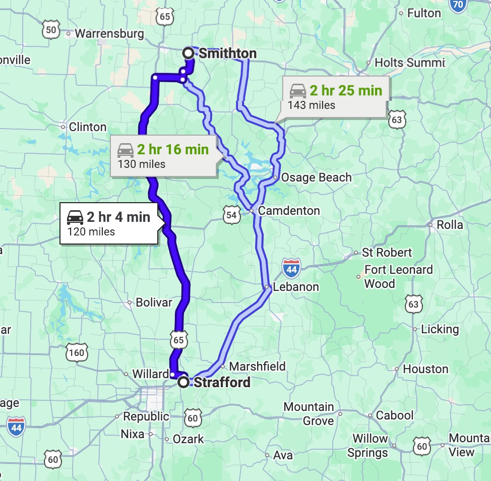 A google maps image showing the route between Smithton and Strafford, most of which is along I-65, making the drive a little lengthy but straight-forward as a commute. A google maps image showing the route between Smithton and Strafford, most of which is along I-65, making the drive a little lengthy but straight-forward as a commute.