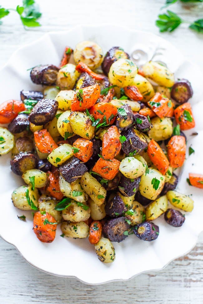 roasted rainbow carrots on white plate