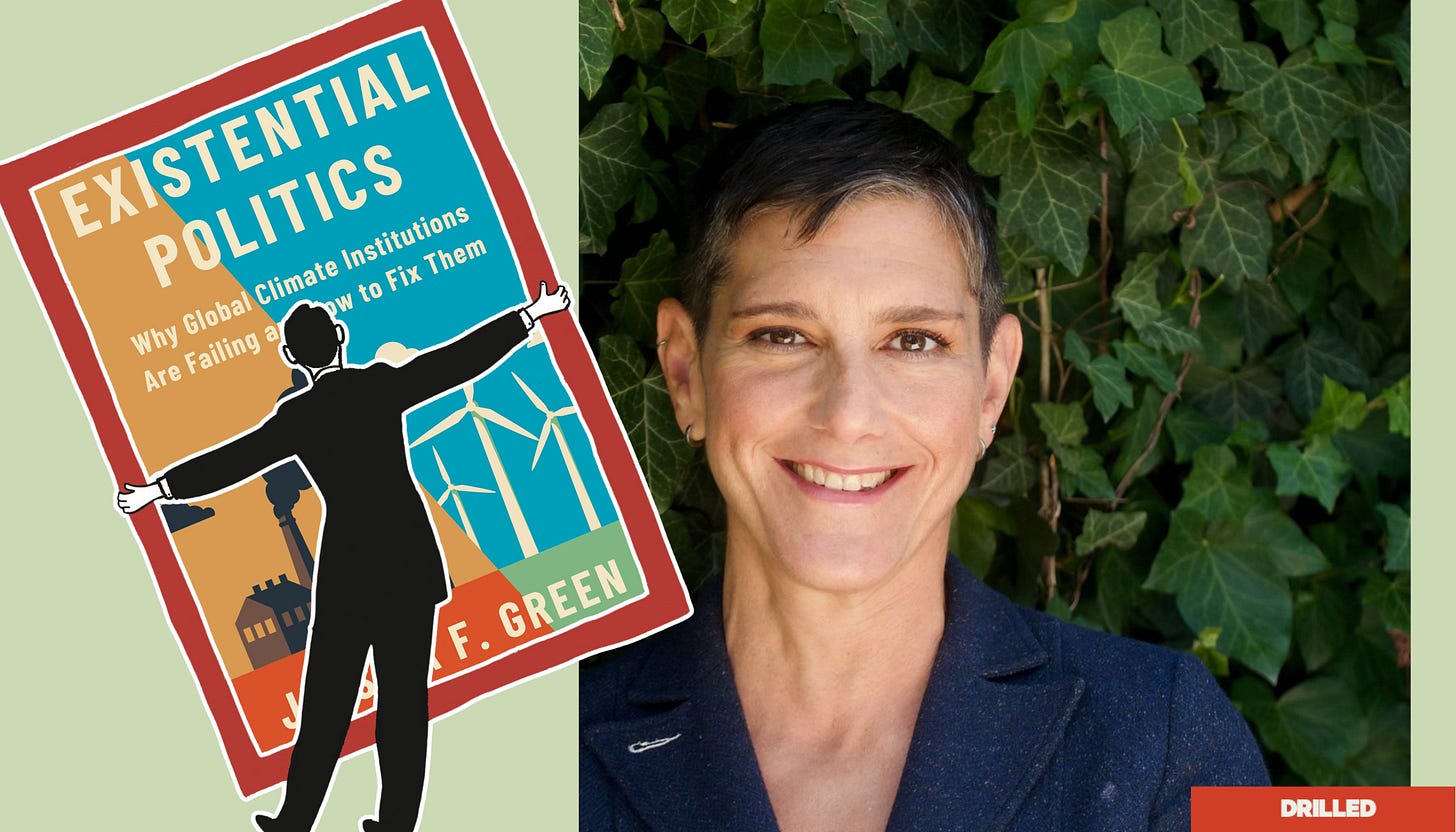 A profile photo of Jessica F. Green, and the cover of 'Existential Politics'