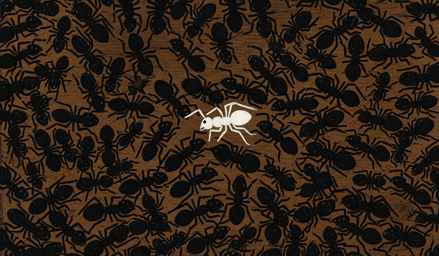 estilo pintura de estilo medieval antiguo: Una pequeña hormiga blanca en medio de miles de hormigas negras, todas del mismo tamaño estilo pintura de estilo medieval antiguo: Una pequeña hormiga blanca en medio de miles de hormigas negras, todas del mismo tamaño