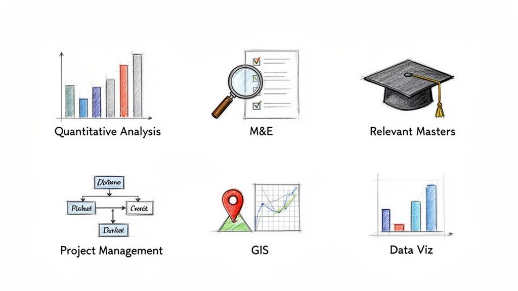 Six icons illustrating key professional skills: Quantitative Analysis, M&E, Relevant Masters, Project Management, GIS, and Data Viz. Six icons illustrating key professional skills: Quantitative Analysis, M&E, Relevant Masters, Project Management, GIS, and Data Viz.