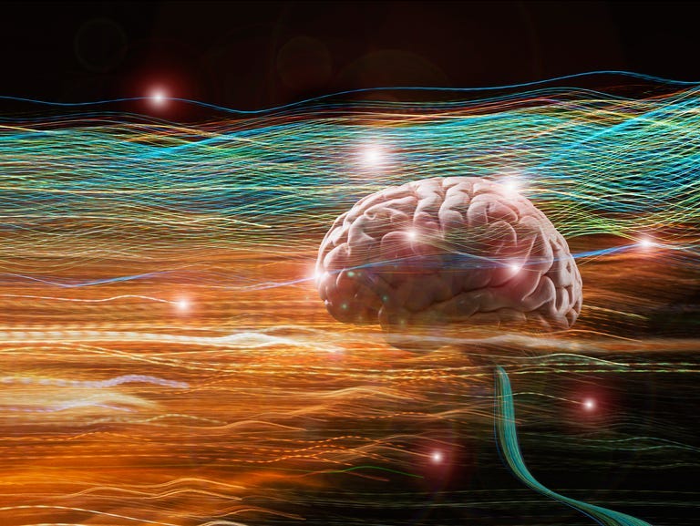 brain floating in light trails