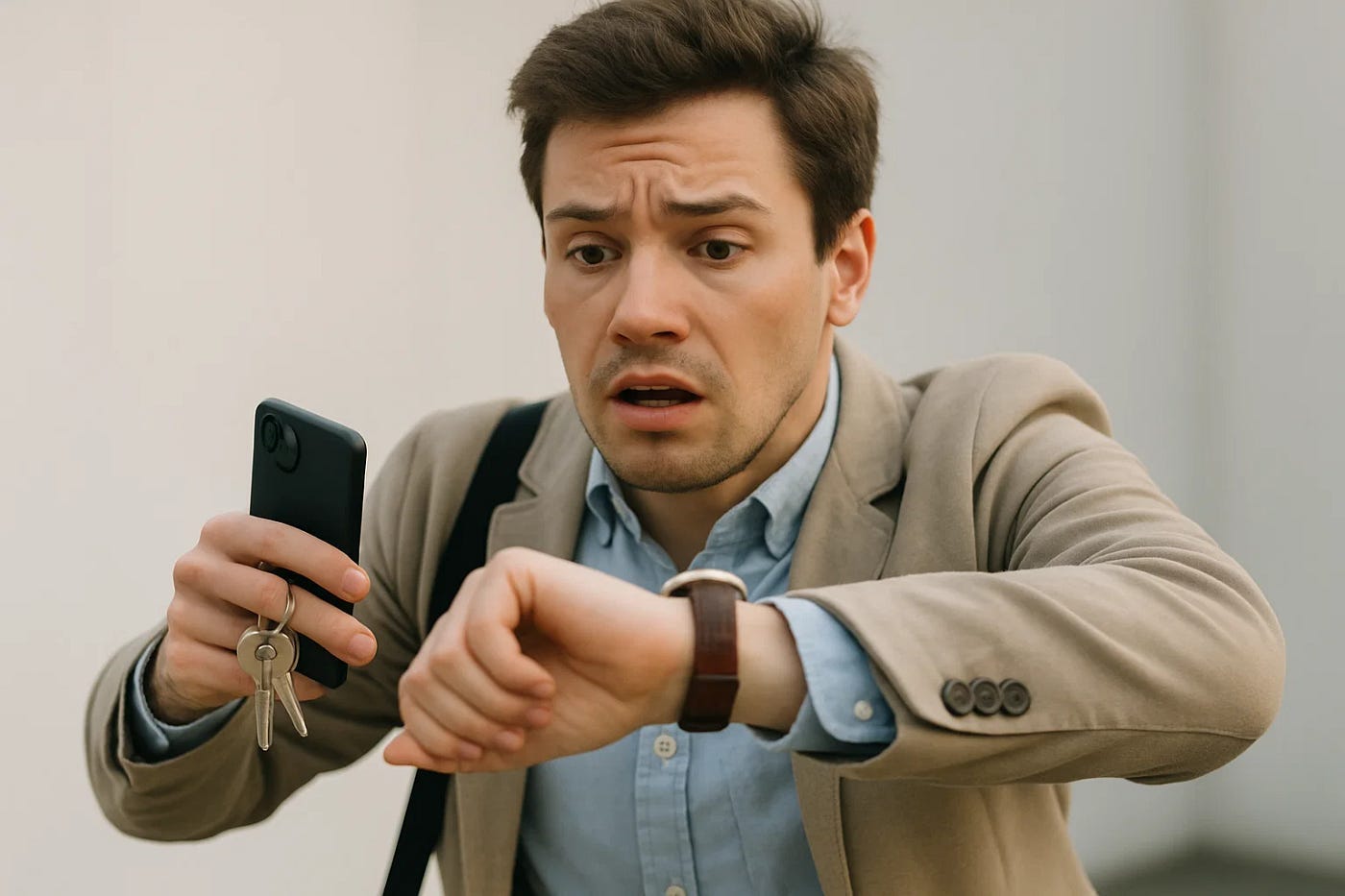 A man in business attire looks panicked as he checks his watch while holding a smartphone and keys. His expression suggests he’s late or running out of time, conveying urgency, stress, or anxiety in a professional context. A man in business attire looks panicked as he checks his watch while holding a smartphone and keys. His expression suggests he’s late or running out of time, conveying urgency, stress, or anxiety in a professional context.
