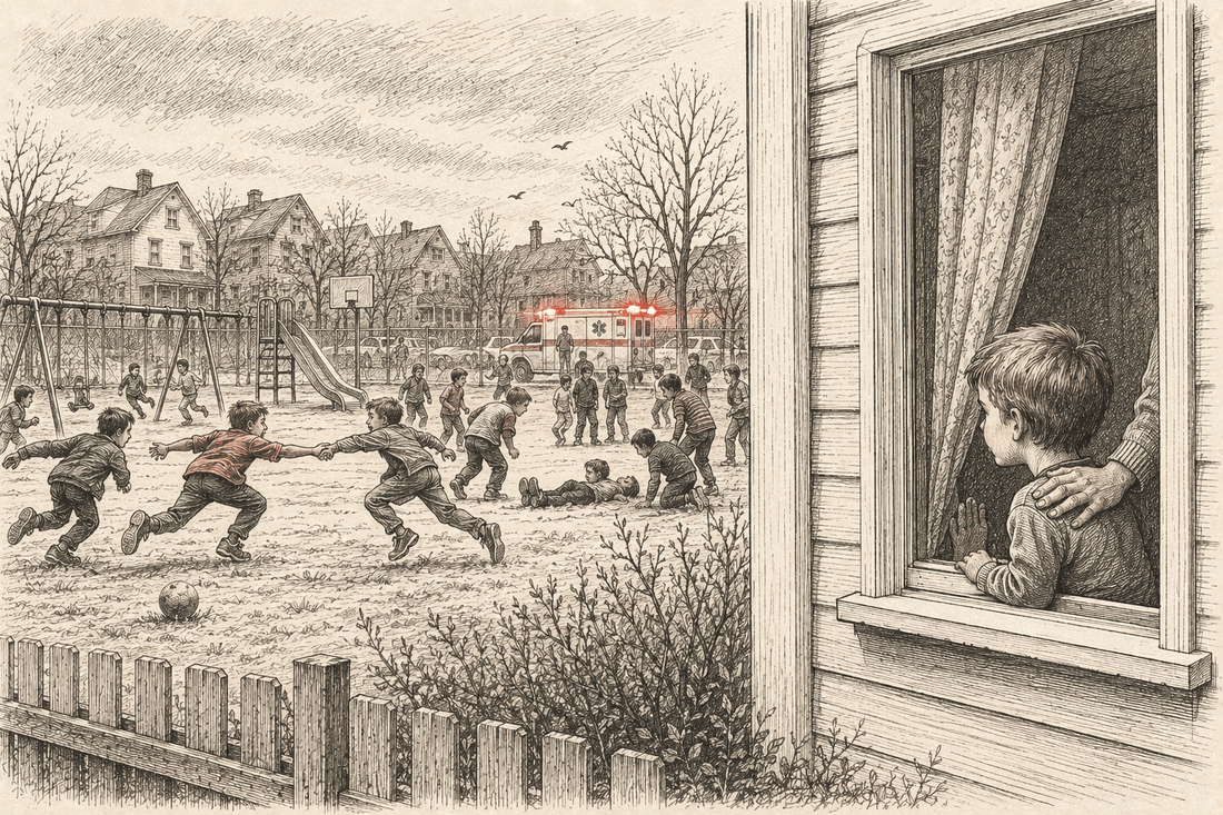 An ambulance arrives at the schoolyard where children are gathered around a fallen player, while a parent's hand rests on the shoulder of the boy watching from the window.