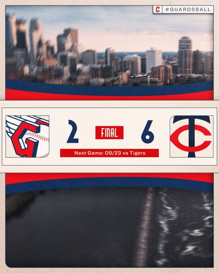 A city skyline with blurred buildings in the background. A graphic overlay displays the Cleveland Guardians logo and the Minnesota Twins logo. Text shows "FINAL 2 6" indicating the game score, with "Next Game: 09/23 vs Tigers" below it. Red, white, and blue horizontal stripes frame the design. A watermark reads "#GUARDSBALL" in the top right corner.