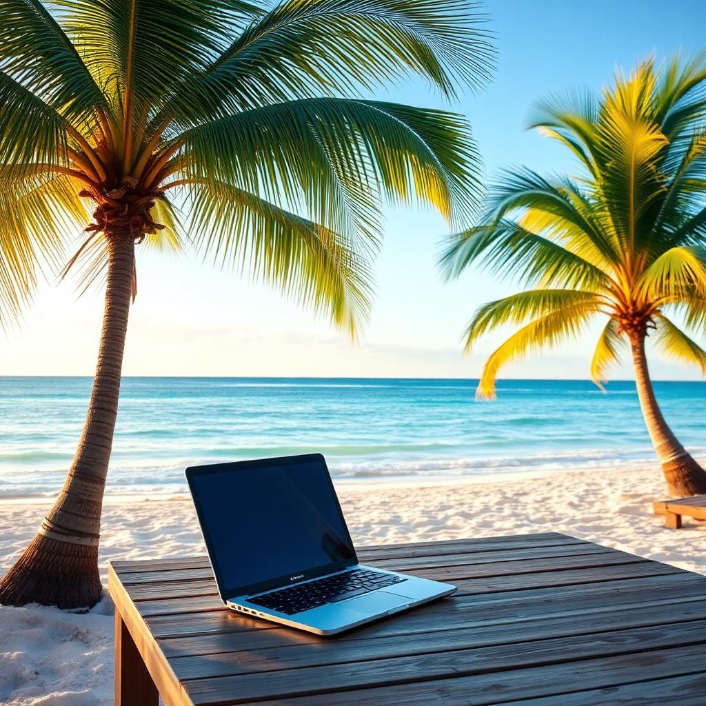 Beach with palm trees and a laptop on a wooden table, tropical winter escape