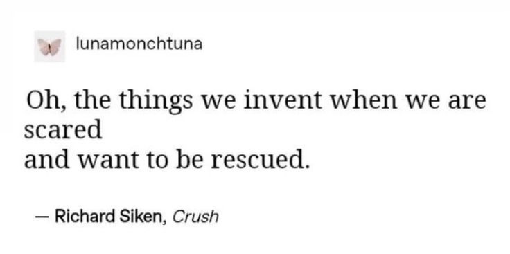 This may contain: an image of a quote from richard silken on the subject of this photo,'oh, the things we invent when we are scared and want to be rescued '