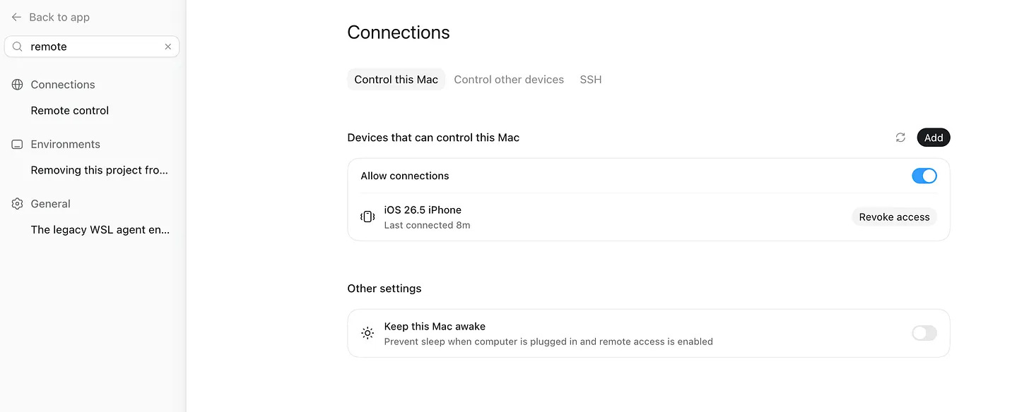 Codex Remote option inside the ChatGPT desktop app