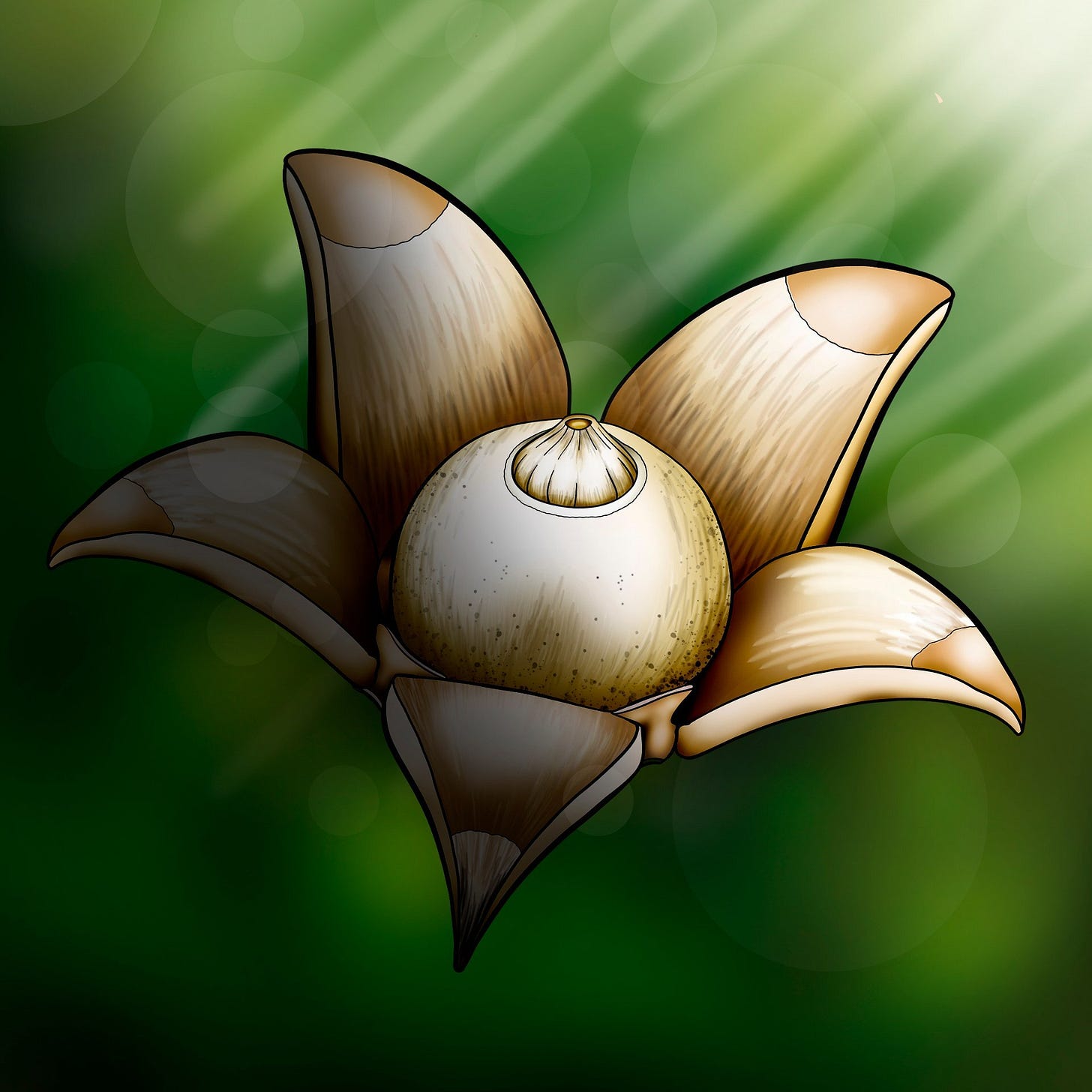 Geastrum sp.. Descrição da Imagem: Num fundo verde, o fungo tem uma estrutura de estrela. São cinco pontas que abrem como uma flor. No meio, uma bolinha. No topo da bolinha, um biquinho com um buraco. 