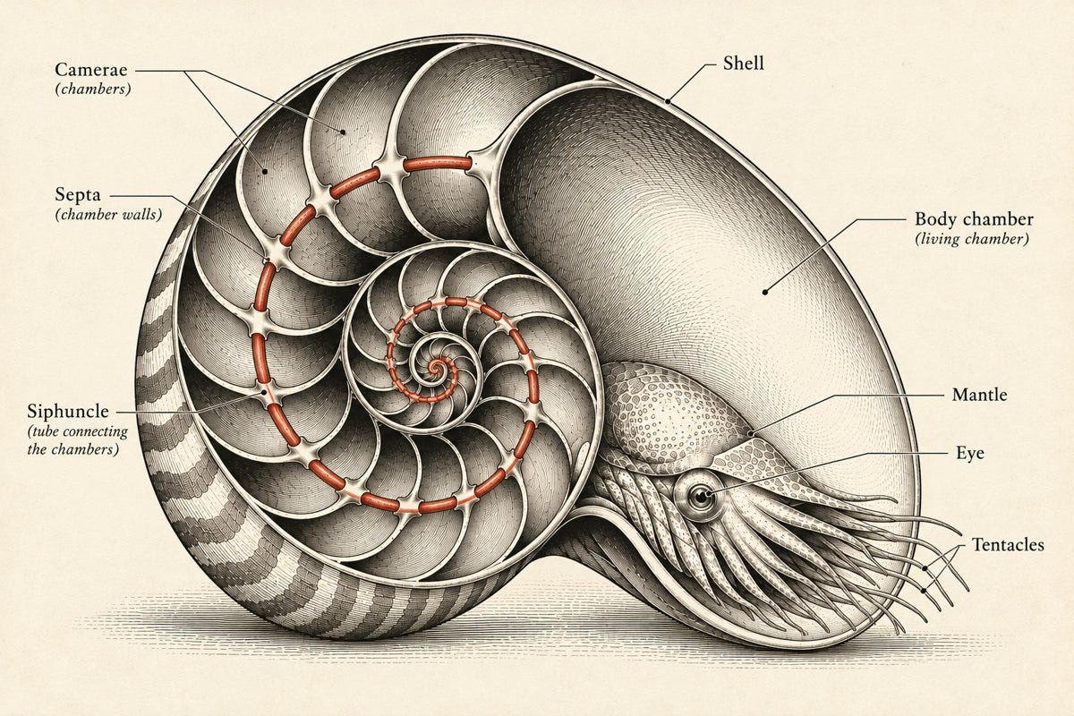Cross-section of a Nautilus shell. Septa divide the camerae, and the siphuncle threading through them empties each sealed chamber of liquid, giving the shell its buoyancy.