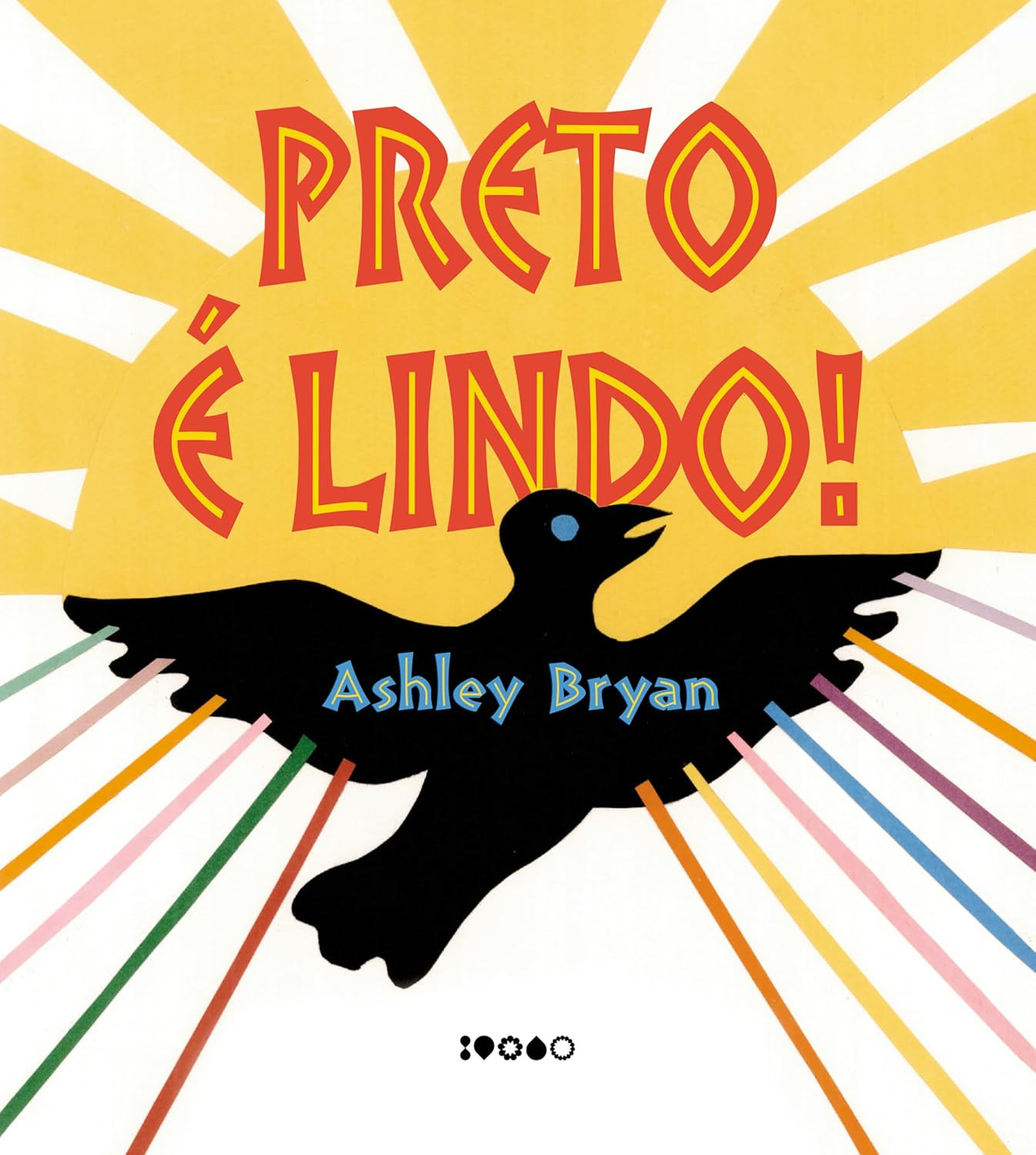 #descrevemospravocê  A imagem é a capa colorida do livro Preto é lindo!, de Ashley Bryan. O título está centralizado na parte superior em letras grandes e estilizadas na cor vermelha com contorno amarelo. Logo abaixo, aparece o nome do autor em azul com contorno preto.  No centro da imagem, há a ilustração de um pássaro preto de asas abertas, com um olho azul claro. Ao fundo, vê-se um grande sol amarelo com raios brancos e dourados se espalhando em todas as direções, criando uma sensação de luz intensa. Da parte inferior do corpo do pássaro partem várias faixas diagonais coloridas — em verde, rosa, vermelho, laranja, azul e lilás — que contrastam com o fundo branco da capa, sugerindo movimento, diversidade e alegria.  Na parte inferior da capa, há pequenos símbolos gráficos em preto, semelhantes a selos ou ícones decorativos.  A composição transmite uma mensagem vibrante, afirmativa e positiva sobre a beleza da identidade negra, com uso expressivo de cores e formas para evocar leveza, liberdade e celebração.