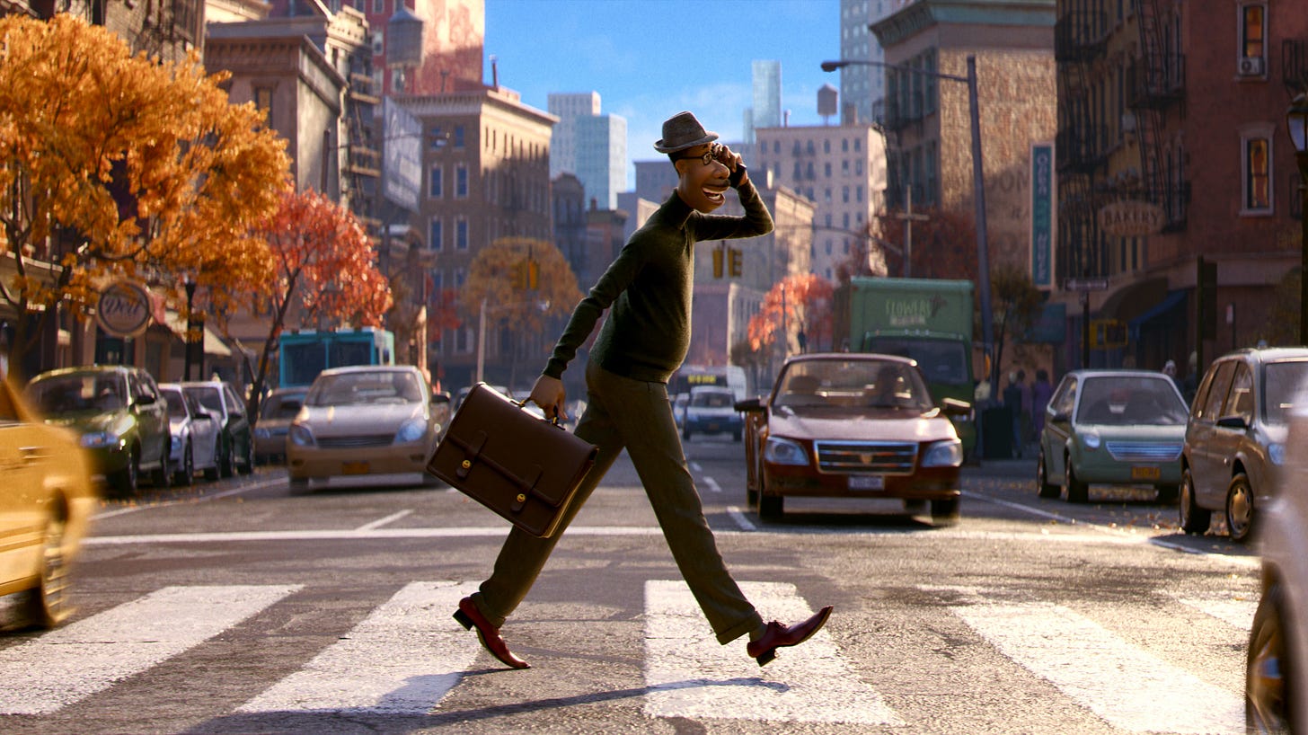 Joe Gardner crossing the street in Soul.