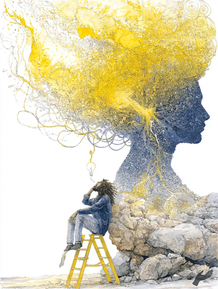 Conceptual portrait of a dark side-profile filled with a large yellow cloud-like mass; a small seated figure on a yellow step ladder appears near rocks at the base. Conceptual portrait of a dark side-profile filled with a large yellow cloud-like mass; a small seated figure on a yellow step ladder appears near rocks at the base.