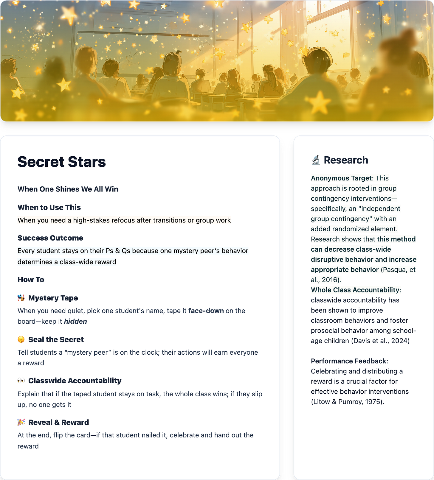 Classroom strategy card titled “Secret Stars” showing how a mystery student’s behavior determines a class-wide reward. The graphic highlights steps including Mystery Tape, Sealing the Secret, Classwide Accountability, and Reveal & Reward. Research notes benefits such as reduced disruptive behavior and improved classroom accountability. Classroom strategy card titled “Secret Stars” showing how a mystery student’s behavior determines a class-wide reward. The graphic highlights steps including Mystery Tape, Sealing the Secret, Classwide Accountability, and Reveal & Reward. Research notes benefits such as reduced disruptive behavior and improved classroom accountability.