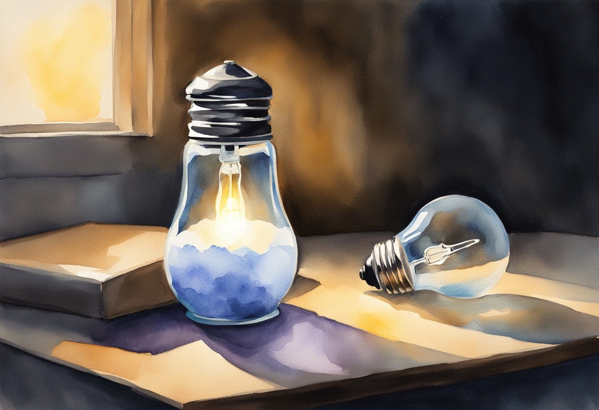 A glowing salt shaker and a shining light bulb surrounded by darkness