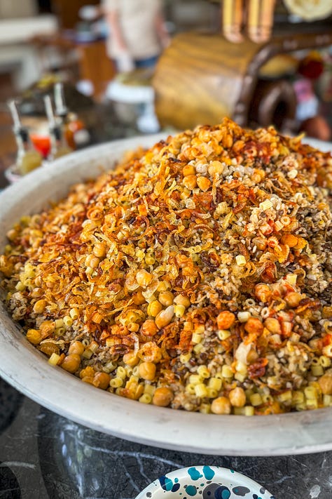 CFW Scenes: Nile views from Fairmont Nile City, Pharaoh Ramses II at Grand Egyptian Museum, Zooba maze spread, Koshari, Karime Lopez Purple Corn Todtada, Pyramids of Giza, Crème Caramel & Orzo Pasta & Two men driving through Nile City
