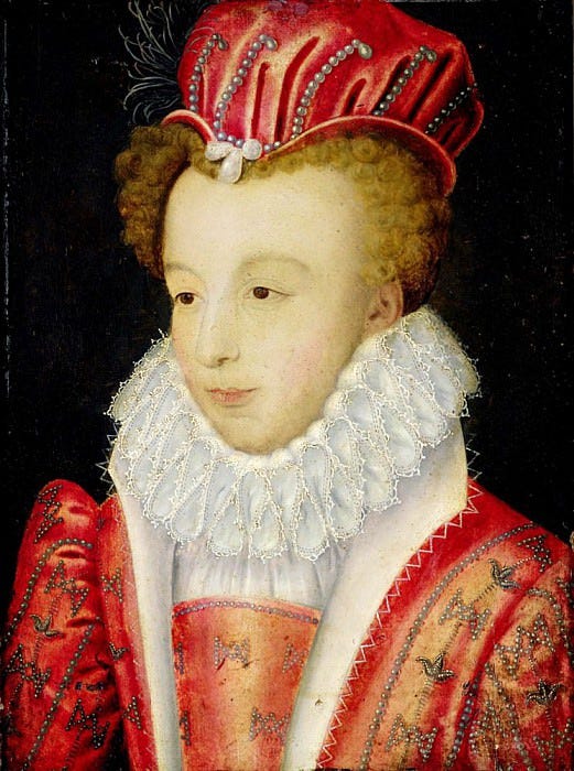 Portrait de Marguerite de Valois vêtue d'une robe et d'un chapeau rouges finement brodés, le cou entouré d'une grande collerette blanche.