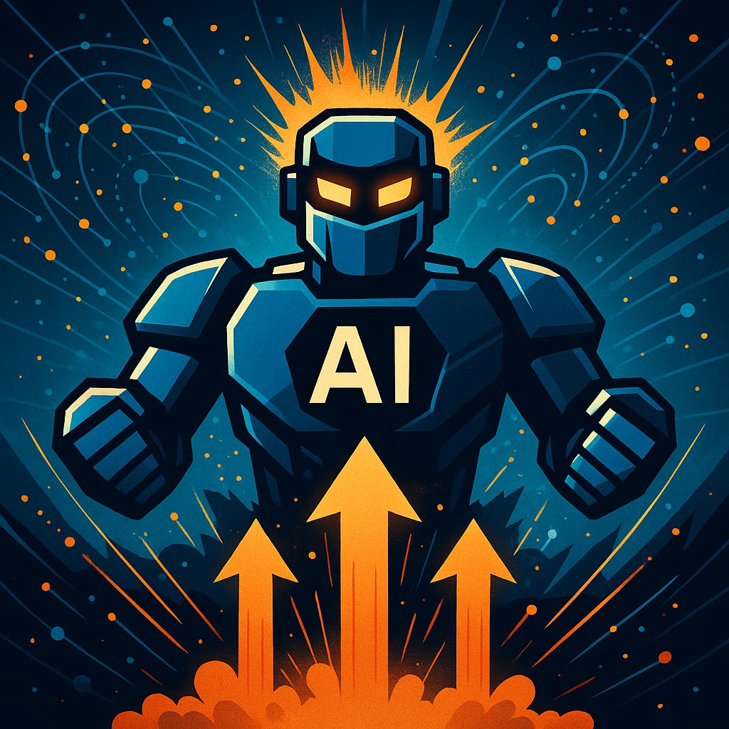 Robot in space, with AI on his chest, and explosion behind his head.