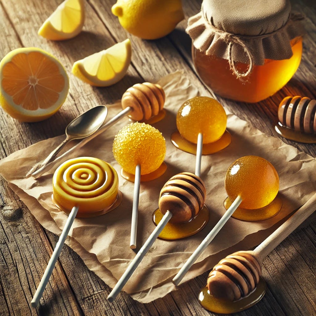 A realistic and inviting image of homemade honey lollipops arranged on a rustic wooden table. The lollipops are golden and shiny, placed on parchment paper with lollipop sticks attached. Around them are a jar of honey, a spoon, and a few fresh lemon slices, creating a warm and cozy atmosphere with soft natural lighting.
