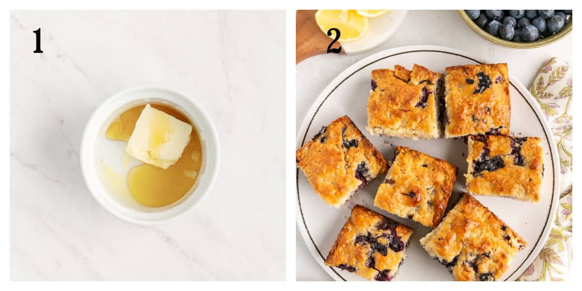 Image split in two: 1) A small white bowl with butter and honey, top view. 2) A plate with square pieces of blueberry lemon cake, surrounded by a bowl of blueberries and lemon slices. Image split in two: 1) A small white bowl with butter and honey, top view. 2) A plate with square pieces of blueberry lemon cake, surrounded by a bowl of blueberries and lemon slices.