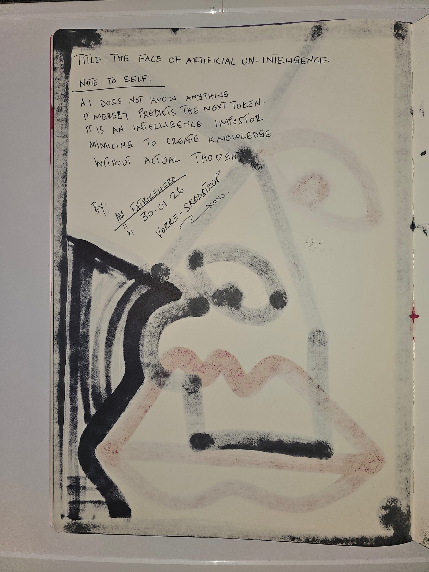 Handwritten artist note by FatbikeHero stating that AI predicts tokens without thought, documenting the conceptual intent of the artwork.