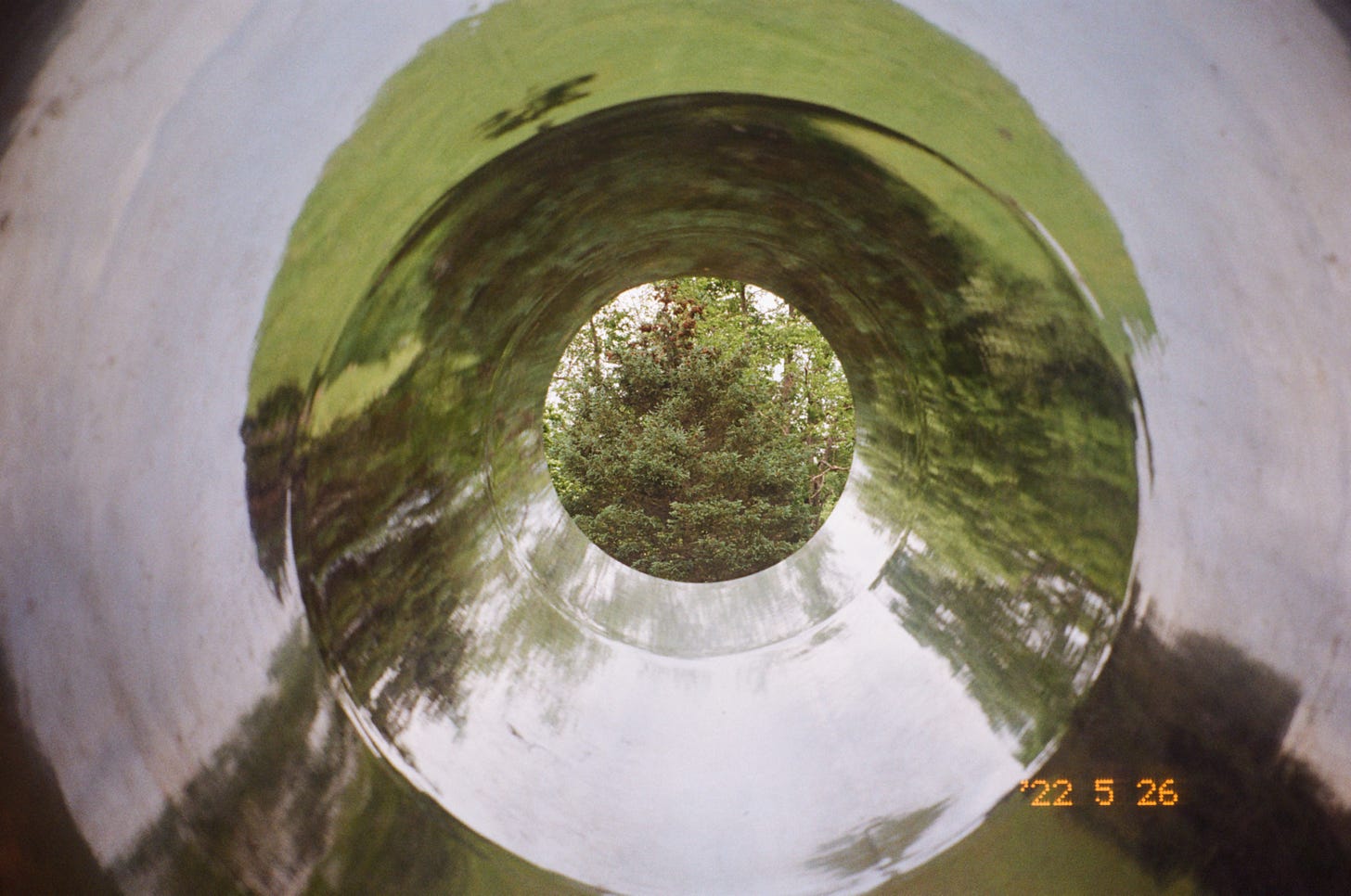 View from inside an aluminum tunnel reflecting the trees and sky outside of it.