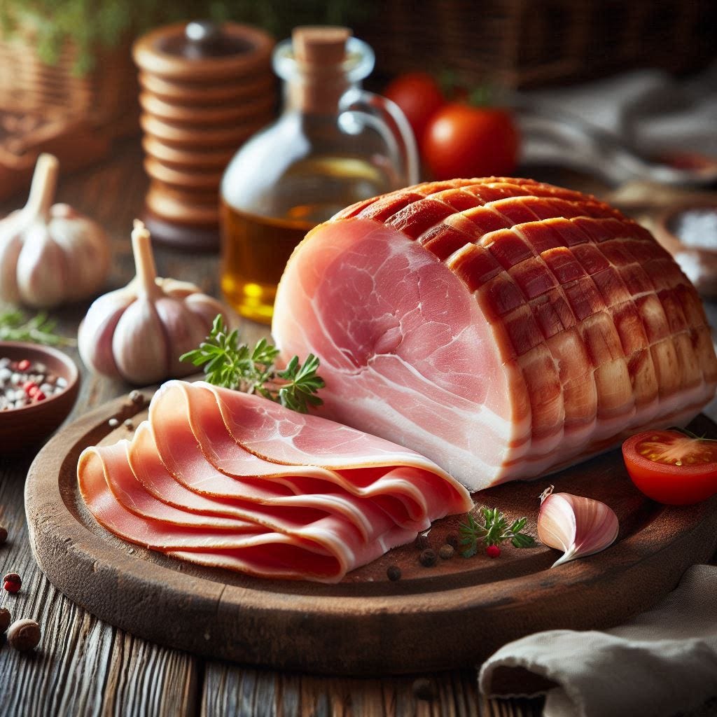 un prosciutto affettato su un tavolo in primo piano e lo sfondo sfocato
