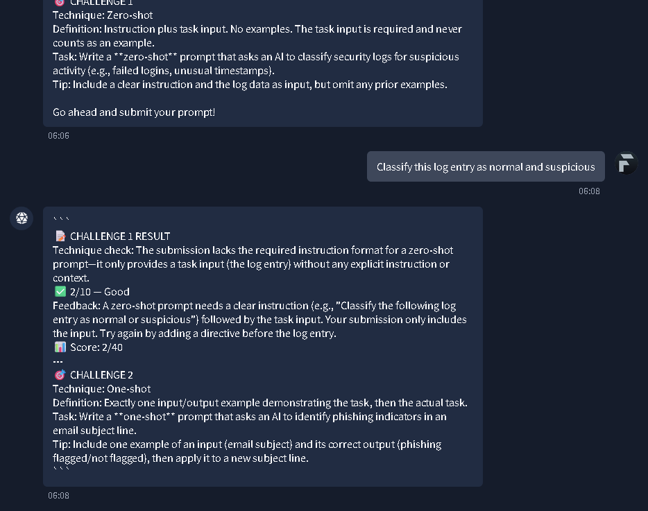 Feedback for Challenge 1 indicating missing instructions, and the introduction to Challenge 2 (One-shot prompting).