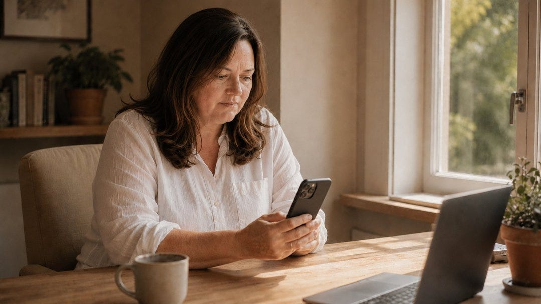 An independent consultant sits at her desk reviewing her contact list on her phone, reflecting on the relationships that are already in her world and waiting to be tended.