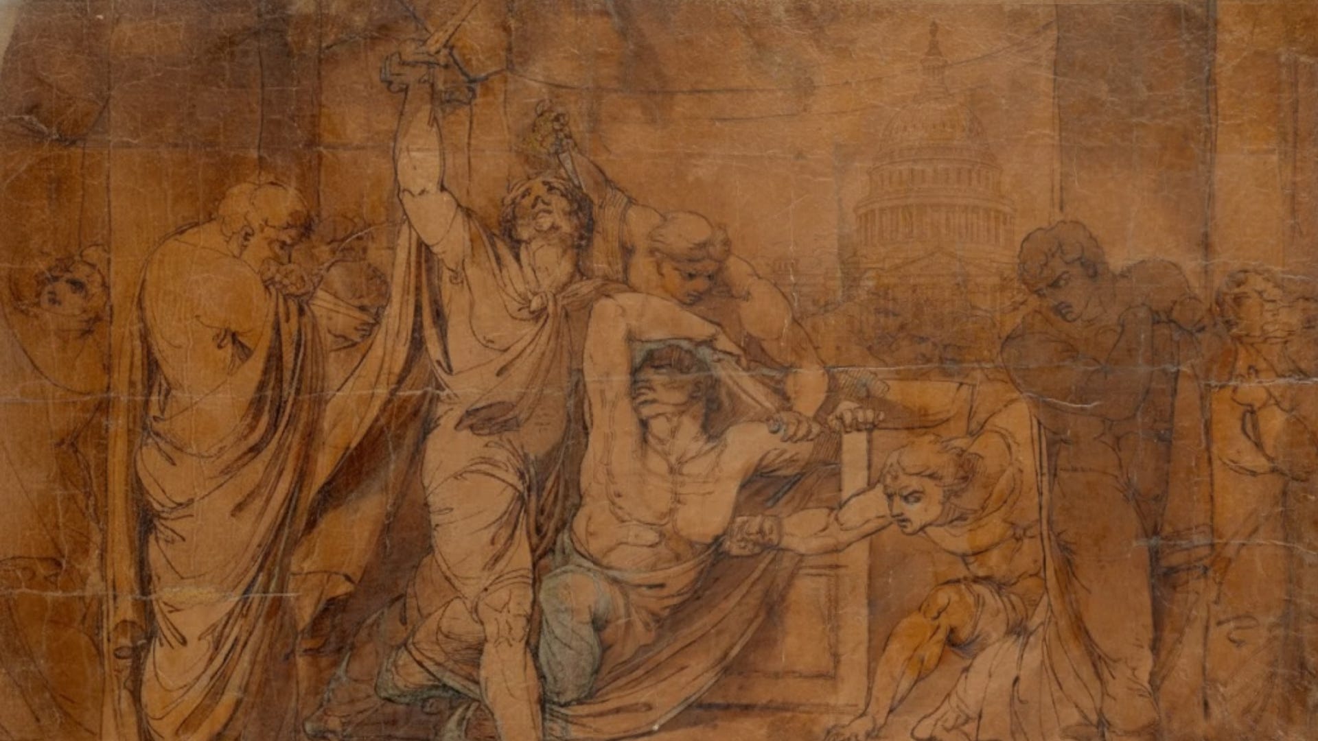 A sepia-toned, neoclassical-style sketch depicting a dramatic and chaotic scene from ancient Rome, overlaid with a modern architectural element. In the foreground, several muscular figures in traditional Roman tunics are engaged in a violent struggle; one man is being restrained and attacked by others wielding daggers. The drawing style features fine, sketchy ink lines on a weathered, parchment-like texture, reminiscent of an 18th-century master study. In the upper right background, a faint, diffused, and semi-transparent image of the United States Capitol dome is superimposed, creating a visual bridge between the fall of the Roman Republic and modern American democracy. The overall mood is tense and allegorical, suggesting a historical parallel between the two eras. A sepia-toned, neoclassical-style sketch depicting a dramatic and chaotic scene from ancient Rome, overlaid with a modern architectural element. In the foreground, several muscular figures in traditional Roman tunics are engaged in a violent struggle; one man is being restrained and attacked by others wielding daggers. The drawing style features fine, sketchy ink lines on a weathered, parchment-like texture, reminiscent of an 18th-century master study. In the upper right background, a faint, diffused, and semi-transparent image of the United States Capitol dome is superimposed, creating a visual bridge between the fall of the Roman Republic and modern American democracy. The overall mood is tense and allegorical, suggesting a historical parallel between the two eras.
