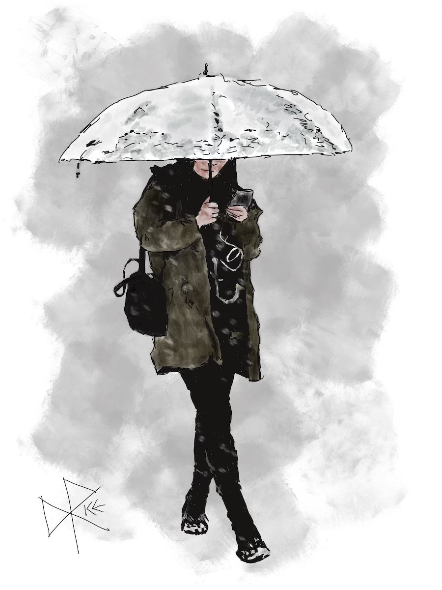 Woman walking while the snow falls, holding her opened umbrella over her head as she uses a mobile phone with her other hand. Snow is falling and has collected stickily to the umbrella and her boots. Sketch art by Don Rice.
