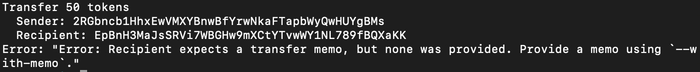CLI output showing a failed transfer without a required memo
