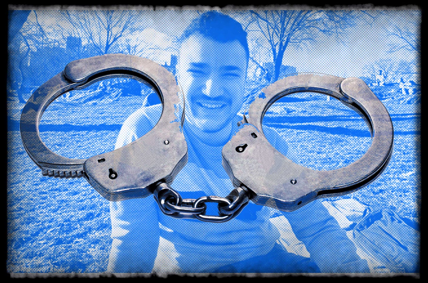 Handcuffs on an image of Mahmoud Khalil