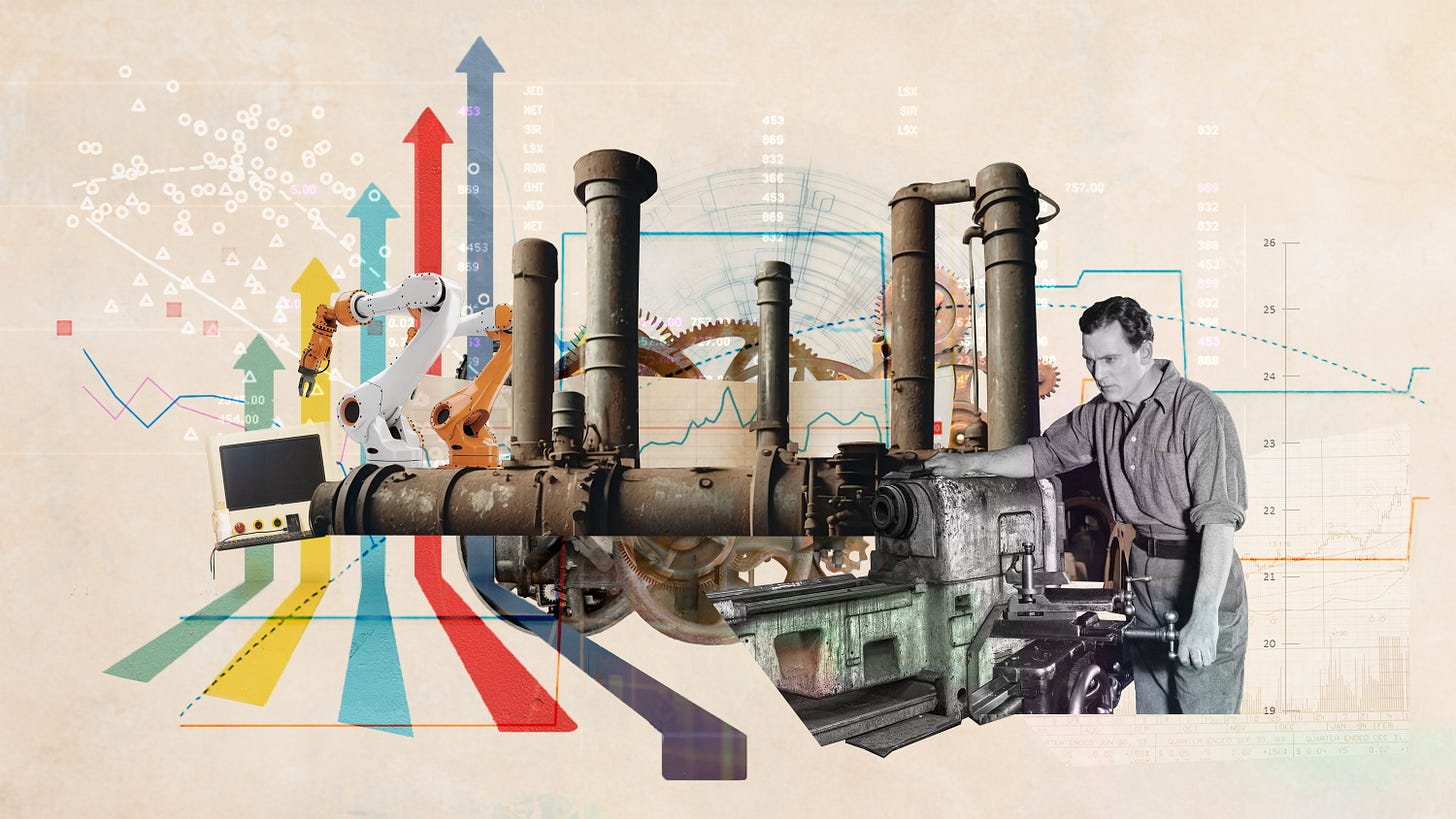 factory worker with old machine parts progressing to robotic arms and monitors with economic charts factory worker with old machine parts progressing to robotic arms and monitors with economic charts