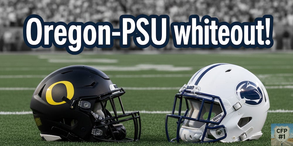 Oregon vs Penn State college football matchup Whiteout game featuring helmets on field. Deals on fan gear, tickets, and premium content subscriptions at www.NattyRoad.com 