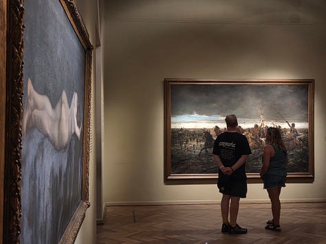 Three scenes at the MNBA: visitors closely observe paintings and photograph them with their phones, revealing the relationship between the original artwork and its digital capture. © National Museum of Fine Arts (MNBA)