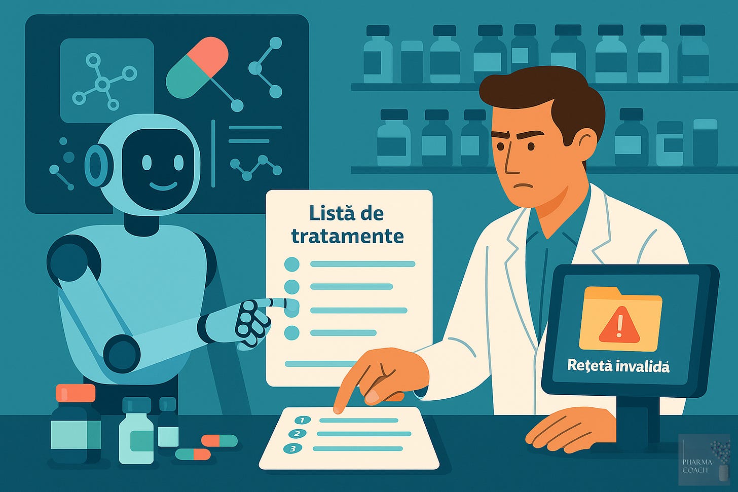 Ilustrație flat în care un farmacist analizează o listă de tratamente alături de un robot AI. Mâna umană și mâna robotică indică aceeași fișă, în timp ce pe monitor apare avertismentul ‘Rețetă invalidă’. În fundal se văd medicamente și un panou digital cu iconuri medicale.