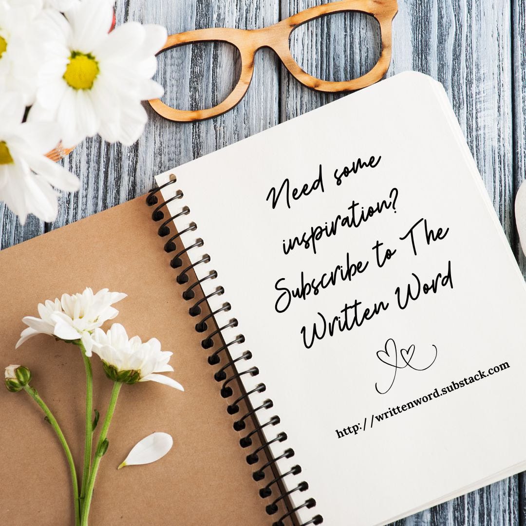 Promo for The Written Word featuring daisies and a note page urging subscription.