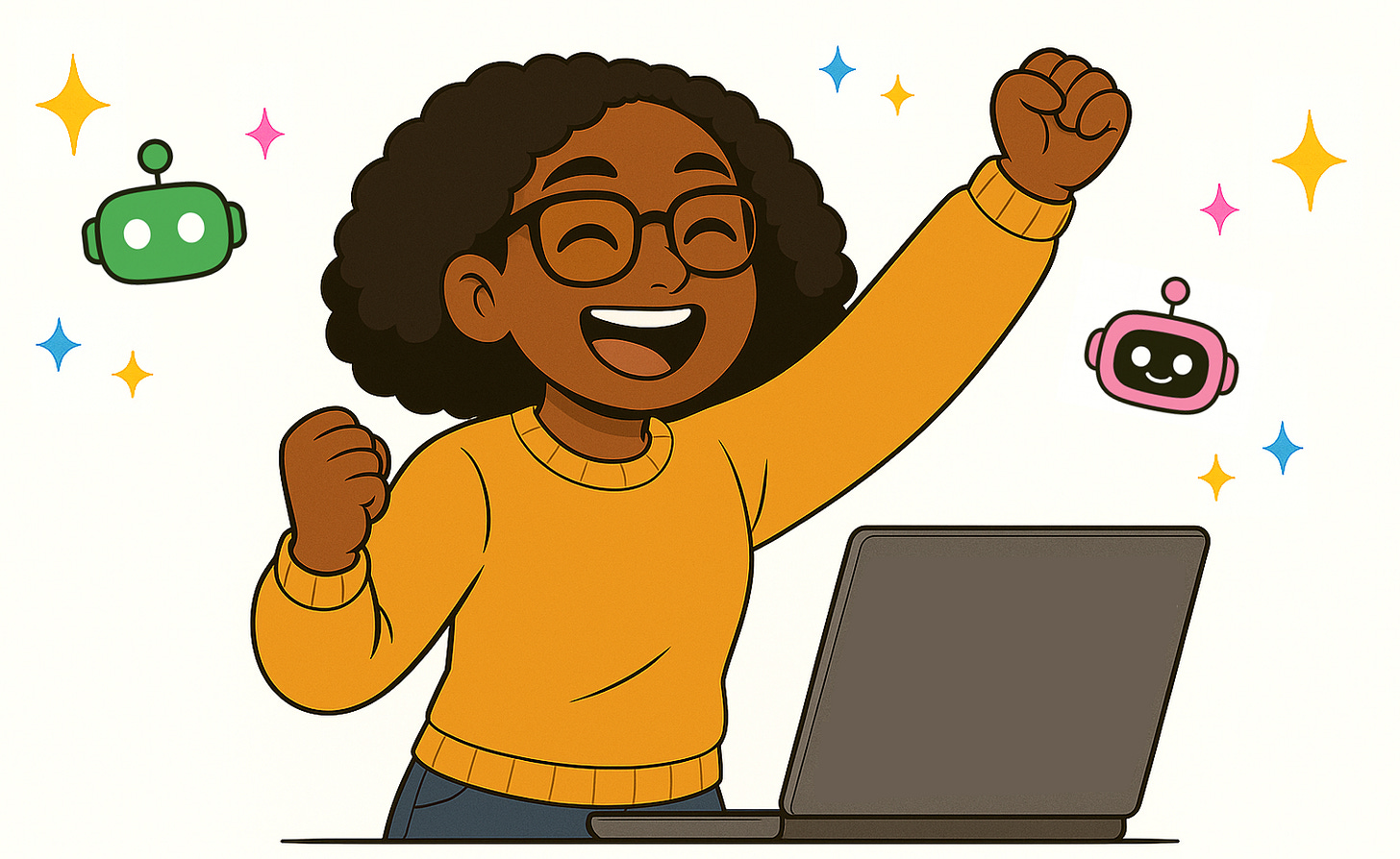  Illustration of person in yellow sweater celebrating at laptop with small robot icons floating nearby