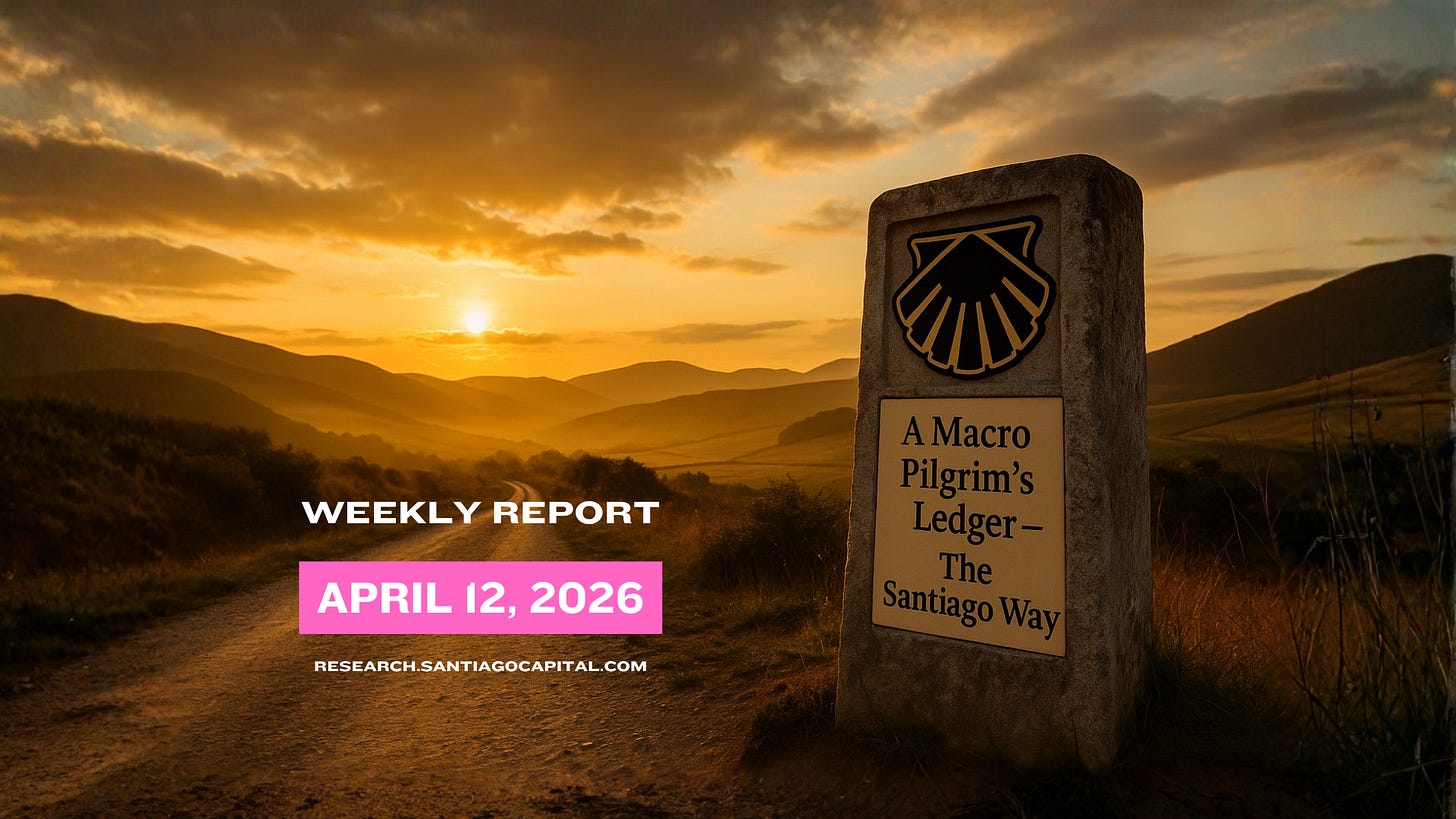 Stone pilgrimage marker for Santiago Way at sunset with weekly report overlay Stone pilgrimage marker for Santiago Way at sunset with weekly report overlay