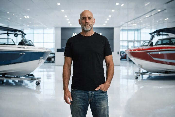 Left: Workshop — dark, amber-toned, close and claustrophobic. Brad's hands on metal. Smoke. Grit. Right: MasterCraft Showroom — clean, high-key white light, sterile precision. A gleaming hull.