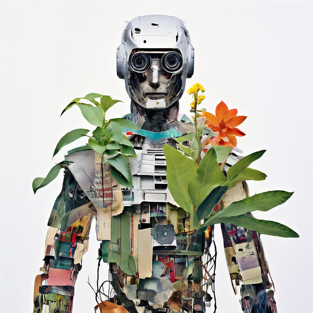 AI generated image of a robot made of collaged images against a white background with plants and flowers growing out of it. AI generated image of a robot made of collaged images against a white background with plants and flowers growing out of it.