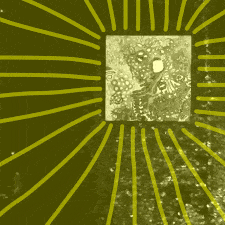 An animated loop of a small square abstract painting on a black sequined background overlayed with a yellow transparency and yellow lines. An animated loop of a small square abstract painting on a black sequined background overlayed with a yellow transparency and yellow lines.