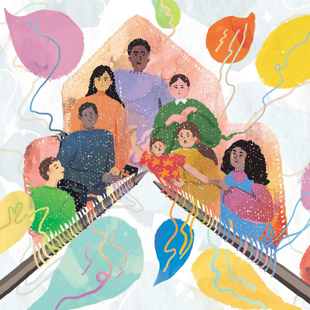 A watercolor style illustration of a group of people designed to look like they are being knit together out of threads