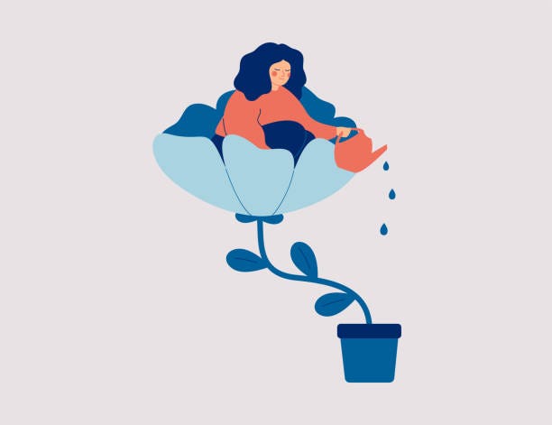 An illustration of a happy woman sitting in a large flower and watering the pot in which the flower sits