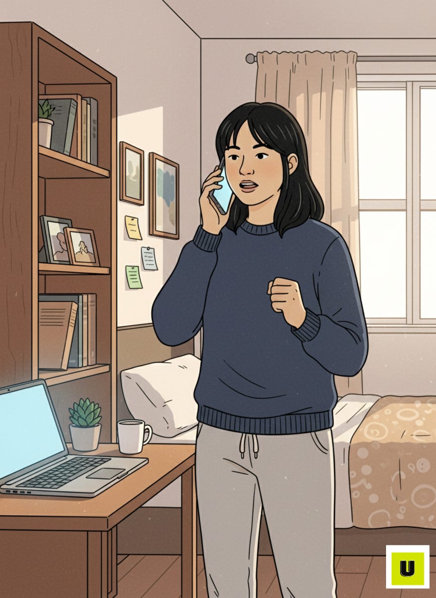 Anuja receiving a phonecall