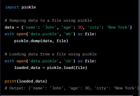 With pickle, you can directly serialize Python objects, including their internal state and behavior. However, keep in mind that pickle is Python-specific, meaning the serialized data may not be compatible with other programming languages. With pickle, you can directly serialize Python objects, including their internal state and behavior. However, keep in mind that pickle is Python-specific, meaning the serialized data may not be compatible with other programming languages.